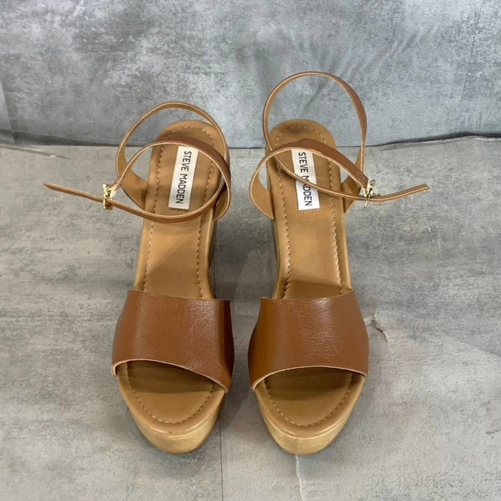 Steve Madden Women's Cognac Leather Welsh Ankle-Strap Wedge Sandals SZ 10 - Picture 4 of 9